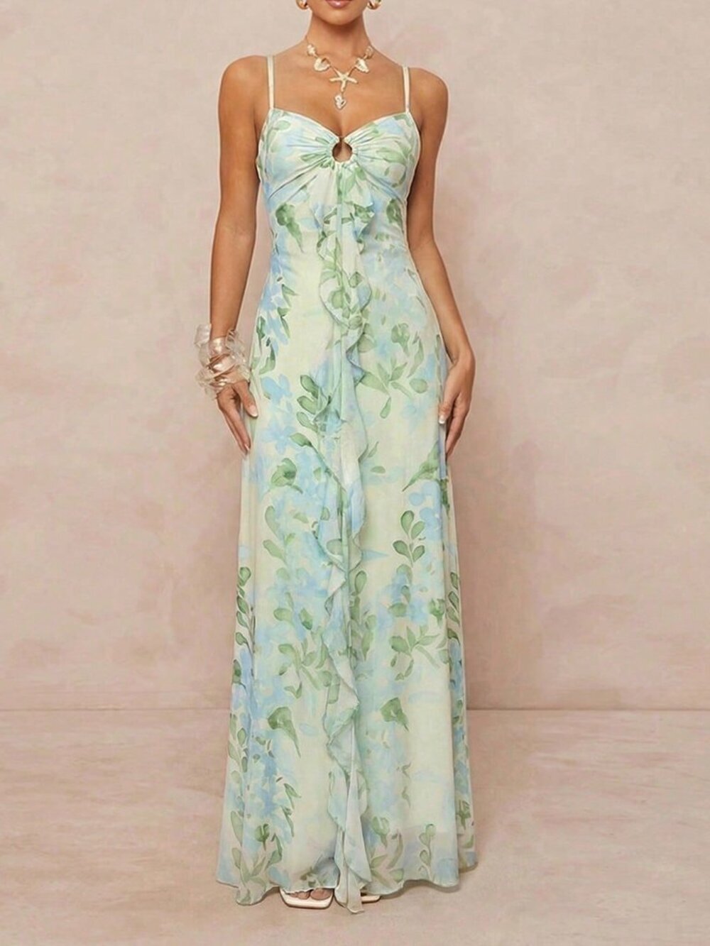 Multicolor Boho Women's Maxi Dress with Ruffle Overlay and Lace Back - Picture 3 of 6